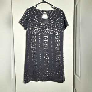 Elliott Lauren silk art to wear sequin gray mini dress date night party